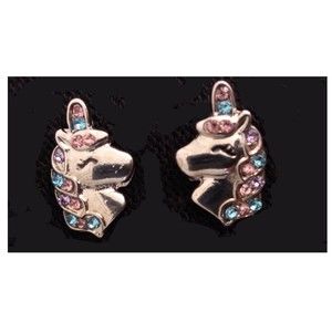 Vintage Blue Pink Unicorn Horse Silver Tone Stud Earrings with Rhinestones